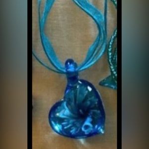 Blue Floral Glass Blown Heart Pendant Ribbon Necklace